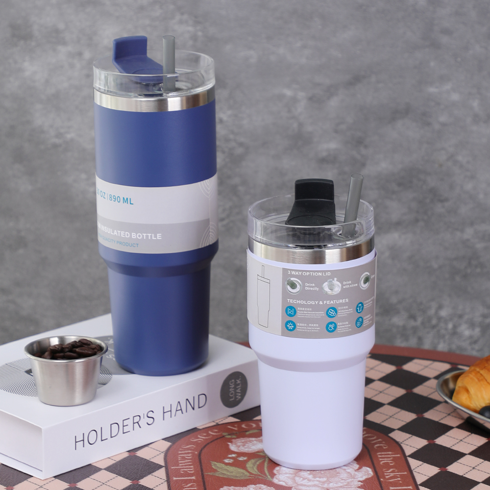 Tasse de voyage &agrave; Double paroi en acier inoxydable 304 &agrave; large bouche, tasse thermique, gobelet thermique et frais avec couvercle et paille
