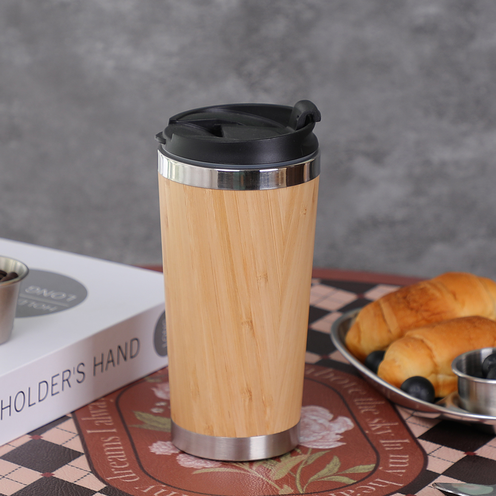 Mug Travel Dinding Ganda Baja Tahan Karat 304 Anti Bocor Botol Air Lapisan Bambu Cangkir Termal Tumbler Termal & Dingin dengan Tutup