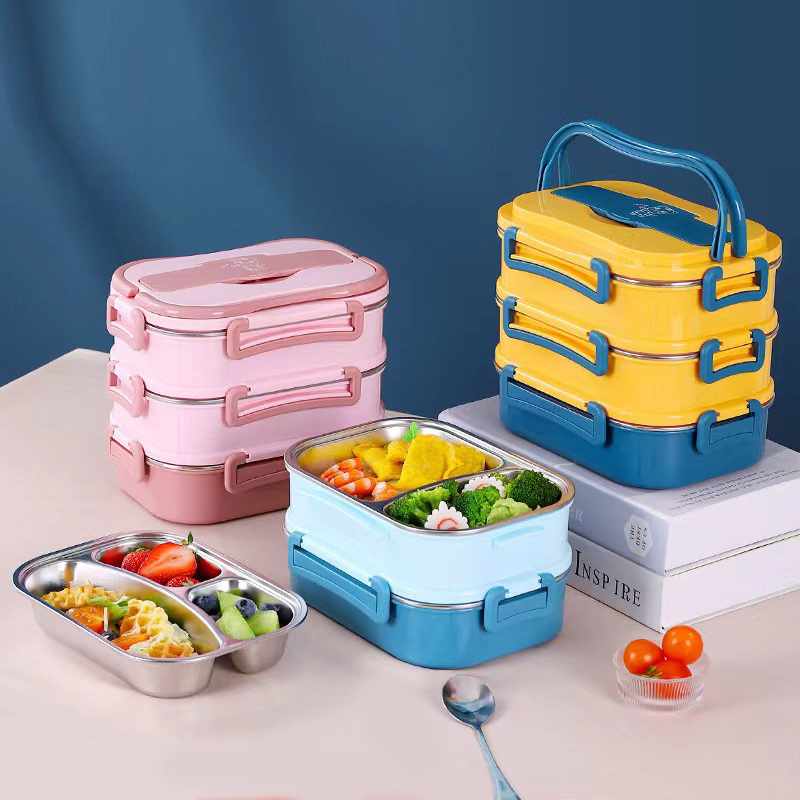 3 contenitori per alimenti in plastica impilabili senza BPA con set di posate