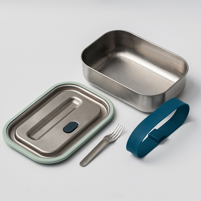 Rektangul&aelig;re beholdere i rustfrit st&aring;l L&aelig;kagesikker madkasse med redskaber