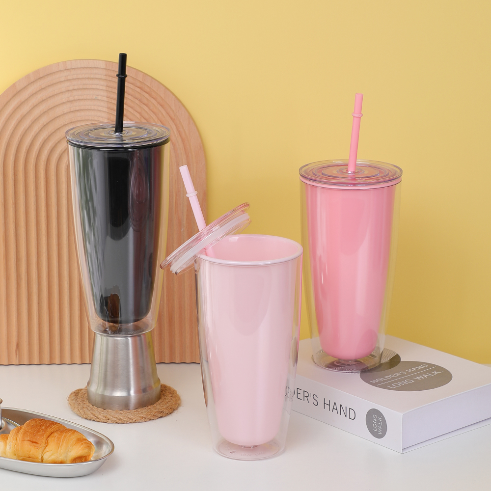 ขวดน้ำแบบใช้ซ้ำได้ปากกว้างแก้วน้ำพลาสติกสองชั้นพร้อมฝาปิดและหลอด