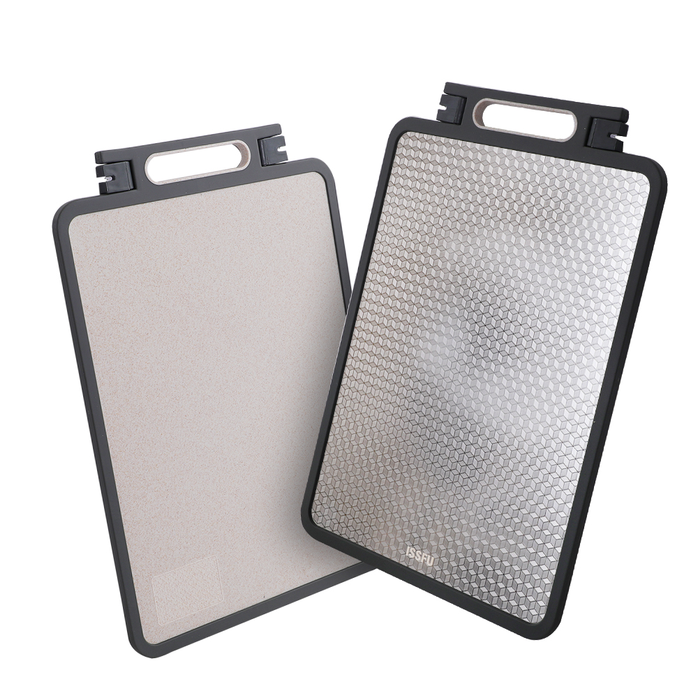 ጭረት የሚቋቋም ጥልፍልፍ ንድፍ አይዝጌ ብረት የመቁረጥ ሰሌዳ ባለ ሁለት ጎን የመቁረጥ ሰሌዳ