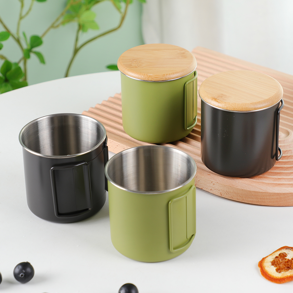 מכסה במבוק ספלי קמפינג מנירוסטה אל חלד גביע עם ידית מתקפלת 