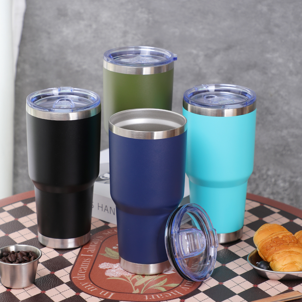 ปากกว้าง 304 สแตนเลสสตีลเคลือบผงแก้วท่องเที่ยวแก้วเก็บความร้อนพร้อมฝาปิด