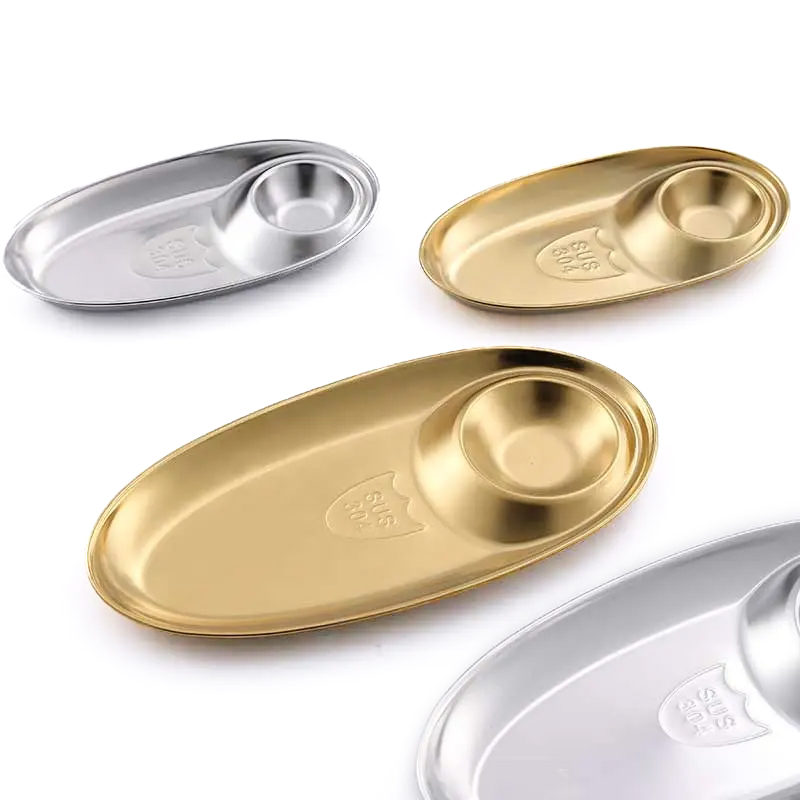 304 Piring Celup Chip Baja Tahan Karat Piring Makanan Ringan Piring Bumbu Terbagi Oval Perak untuk Saus