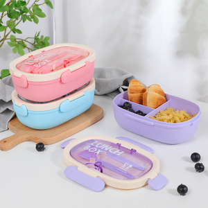 বিপিএ বিনামূল্যে শিশুদের বেন্টো বক্স প্লাস্টিক খাদ্য কন্টেইনার পোর্টেবল লাঞ্চ বক্স সঙ্গে কাটলারি সেট