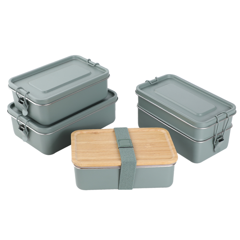 1-2 Lae Vlekvrye Staal Kosblik met Clip Locks/BAMBOE Deksel