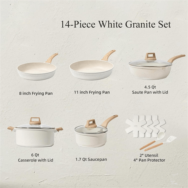 14&16 Pcs Kohua me nga Paa He huinga Kore, He huinga tunu kai He huinga tunu kai ki te Kihini me nga taputapu me nga parepare paraharaha, PFOS me te PFOA Free