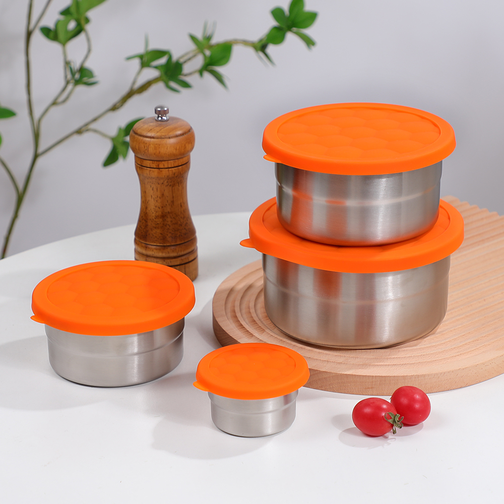 מיכלי נירוסטה עגולים עמידים בפני דליפות מתכת מיכלי אחסון מזון עם מכסי סיליקון