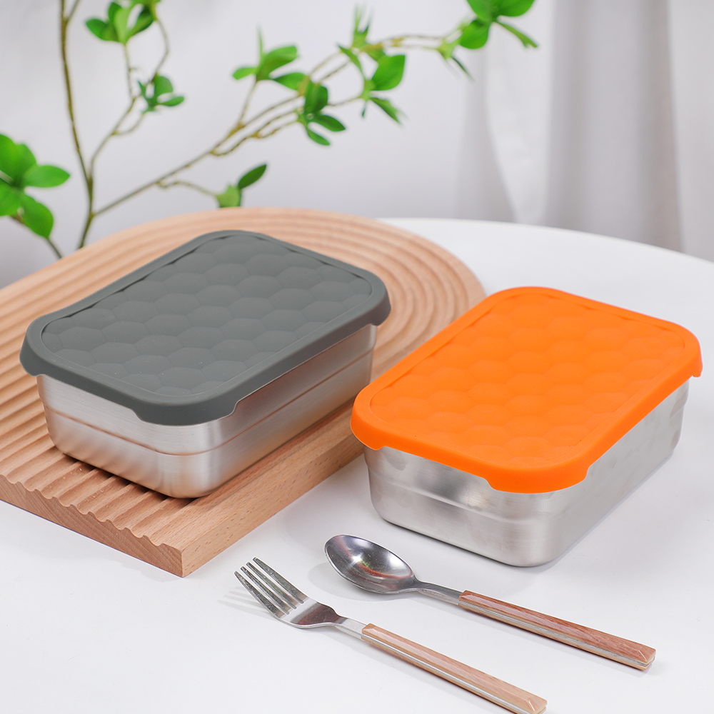 Bekas Keluli Tahan Karat Segiempat tepat Bekas Penyimpanan Makanan Logam Kalis Bocor dengan Penutup Silikon